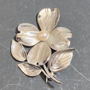 Harry S. Bick Sterling Silver Brooch Floral Pearl Center Antique Vintage